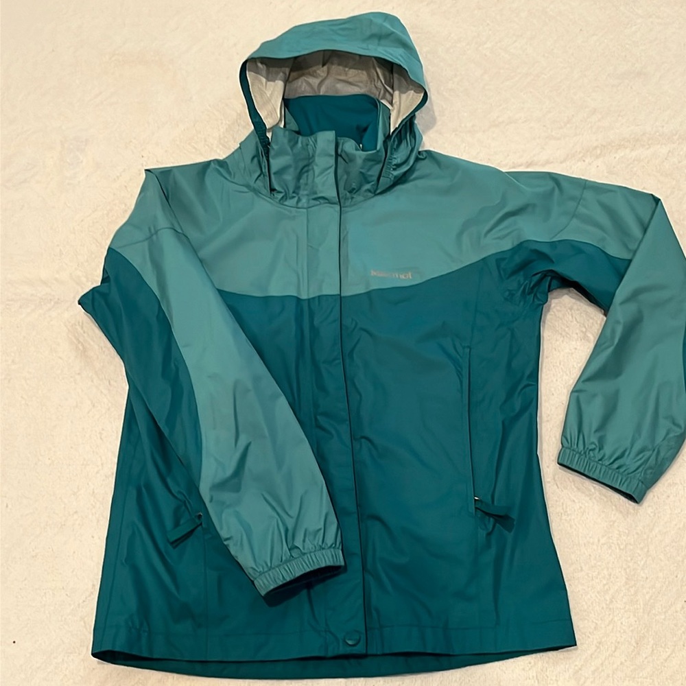 Youth or Big Kids Marmot Rain Jacket, size L, teal green.